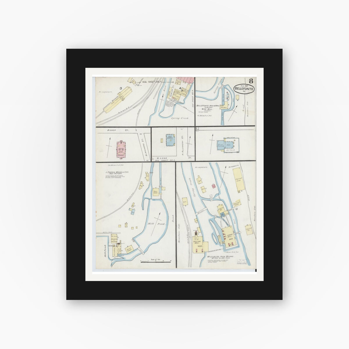 Old map wall art mockup — black gallery frame with white mat — Sanborn Fire Insurance Map from Bellefonte, Centre County, Pennsylvania (1887), Sheet #0008