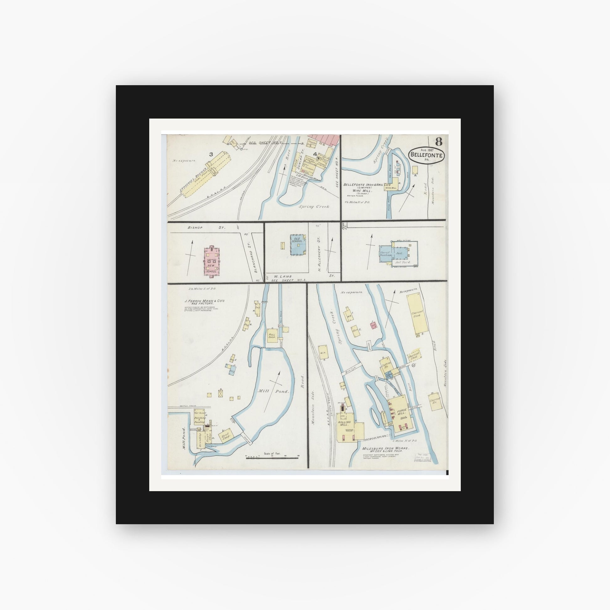 Old map wall art mockup — black gallery frame with white mat — Sanborn Fire Insurance Map from Bellefonte, Centre County, Pennsylvania (1887), Sheet #0008