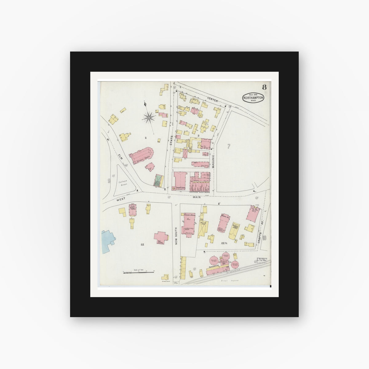 Old map wall art mockup — black gallery frame with white mat — Sanborn Fire Insurance Map from Northampton, Hampshire County, Massachusetts (1895), Sheet #0008