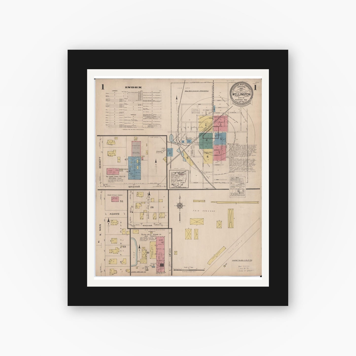 Old map wall art mockup — black gallery frame with white mat — Sanborn Fire Insurance Map from Wellington, Lorain County, Ohio (1922), Sheet #0001