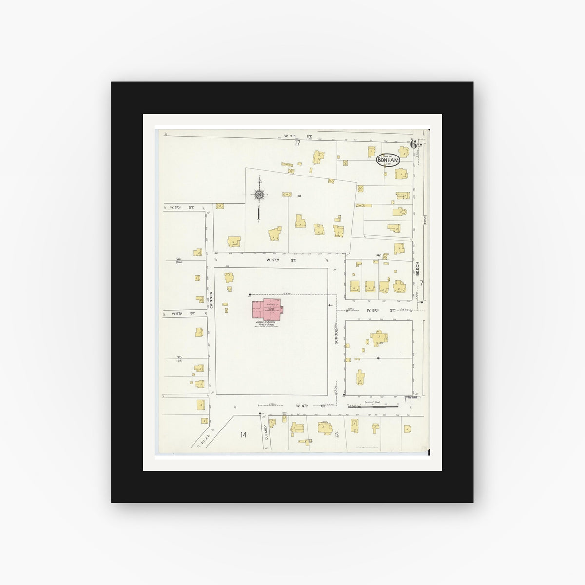 Old map wall art mockup — black gallery frame with white mat — Sanborn Fire Insurance Map from Bonham, Fannin County, Texas (1917), Sheet #0006
