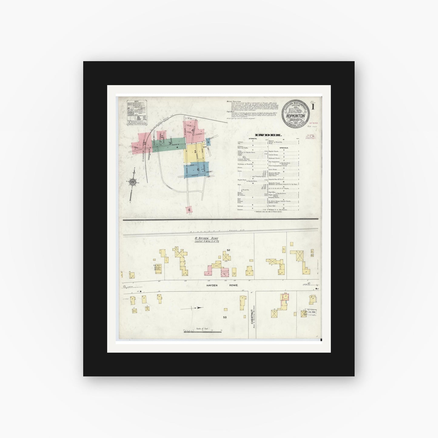 Old map wall art mockup — black gallery frame with white mat — Sanborn Fire Insurance Map from Hopkinton, Middlesex County, Massachusetts (1910), Sheet #0001