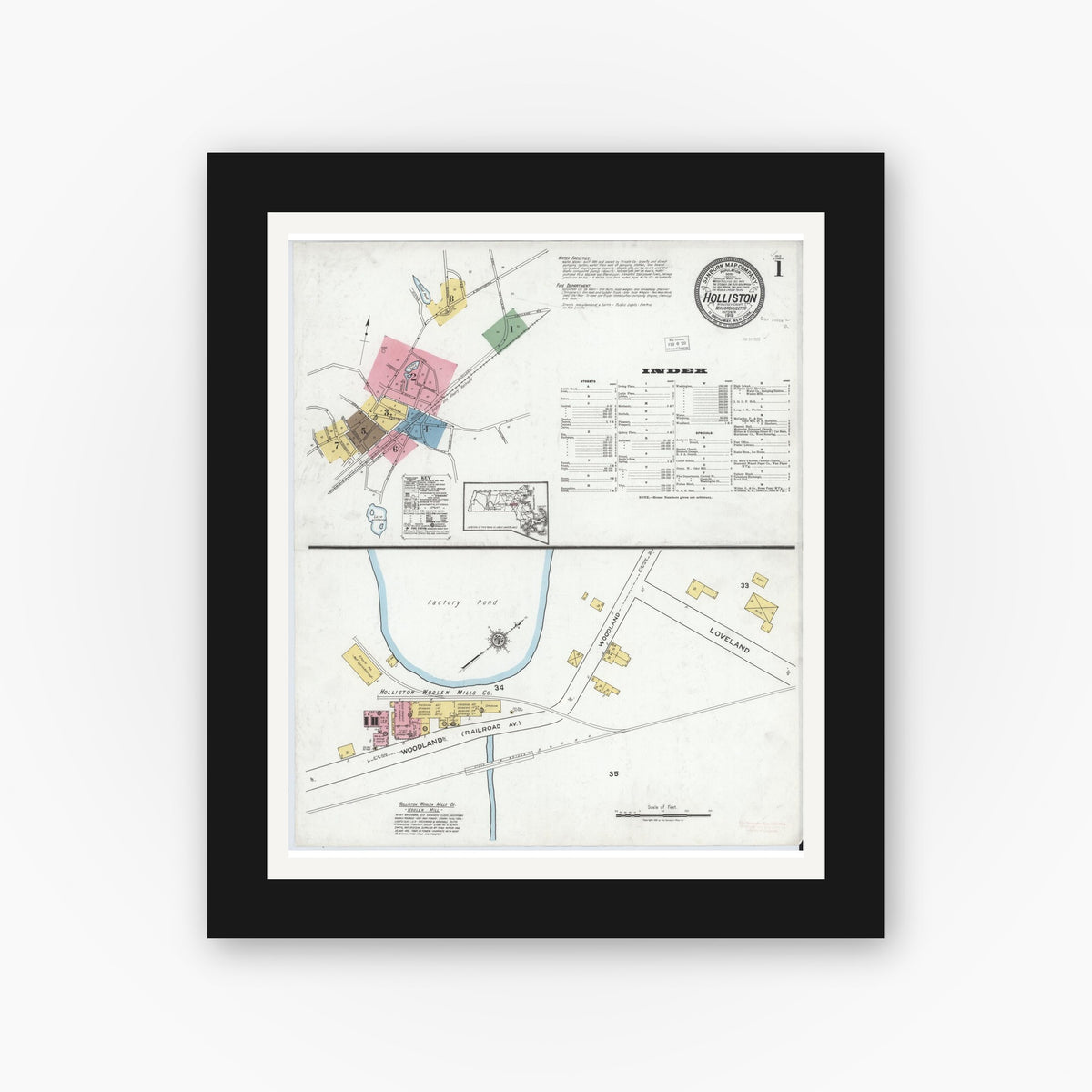 Old map wall art mockup — black gallery frame with white mat — Sanborn Fire Insurance Map from Holliston, Middlesex County, Massachusetts (1919), Sheet #0001