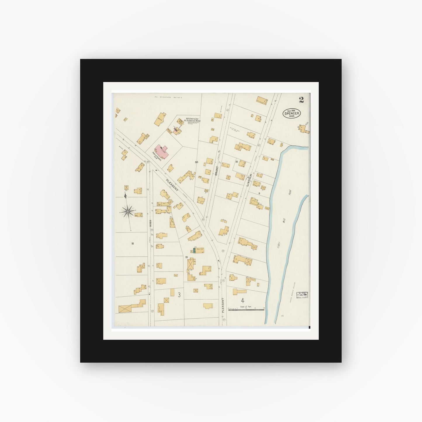 Old map wall art mockup — black gallery frame with white mat — Sanborn Fire Insurance Map from Spencer, Worcester County, Massachusetts (1906), Sheet #0002