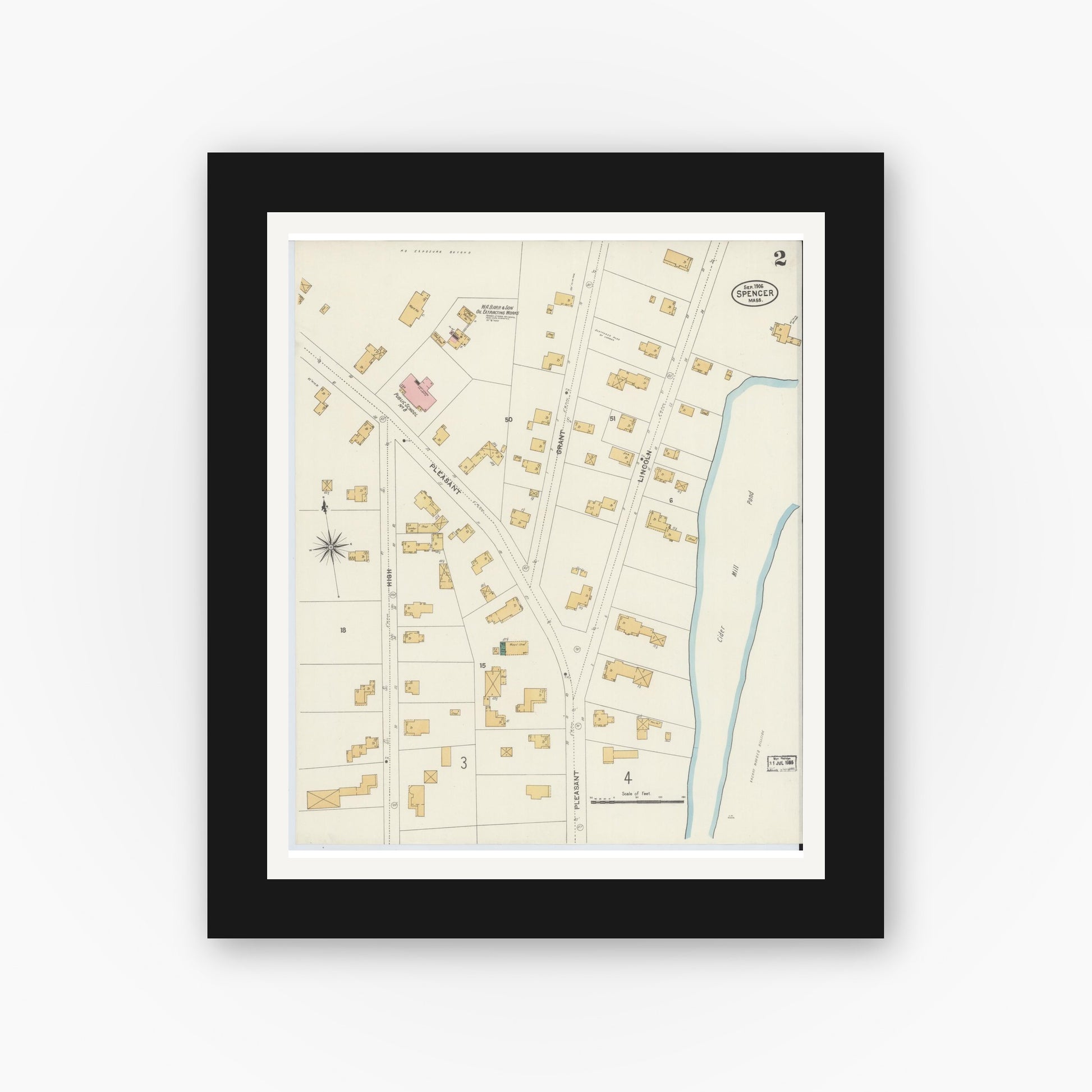 Old map wall art mockup — black gallery frame with white mat — Sanborn Fire Insurance Map from Spencer, Worcester County, Massachusetts (1906), Sheet #0002