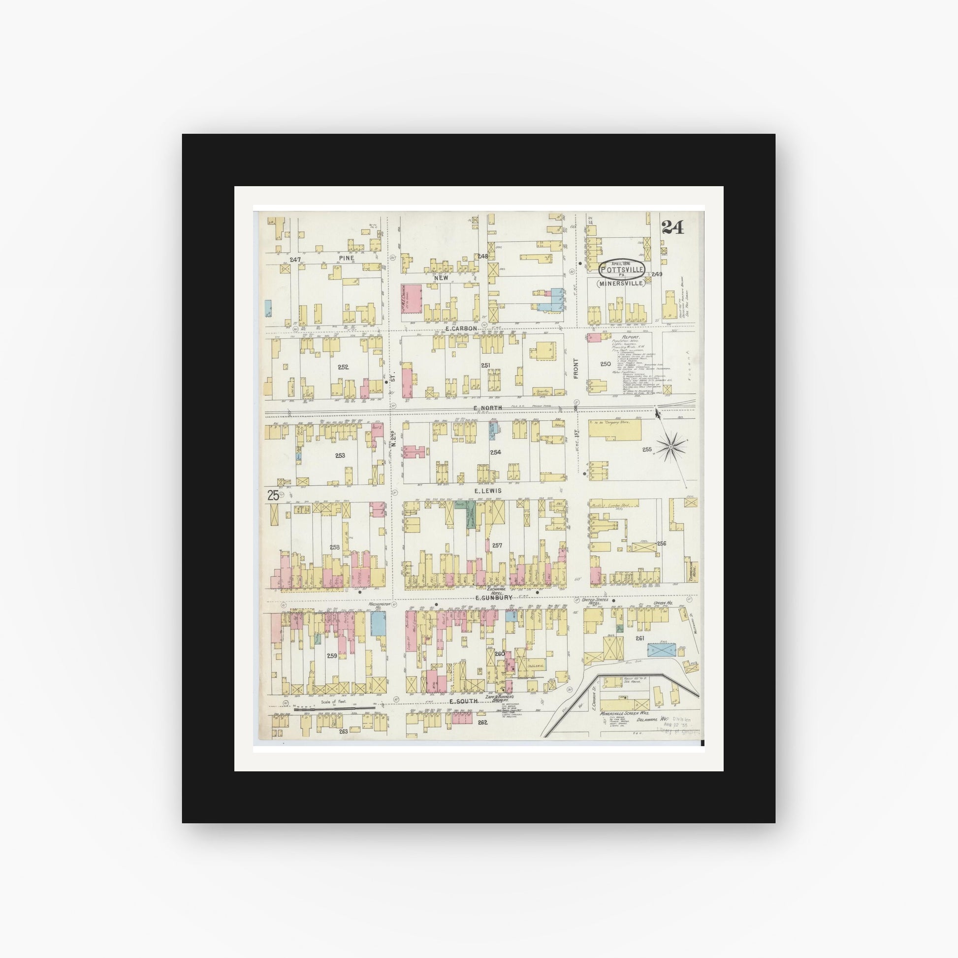 Old map wall art mockup — black gallery frame with white mat — Sanborn Fire Insurance Map from Pottsville, Schuylkill County, Pennsylvania (1895), Sheet #0024