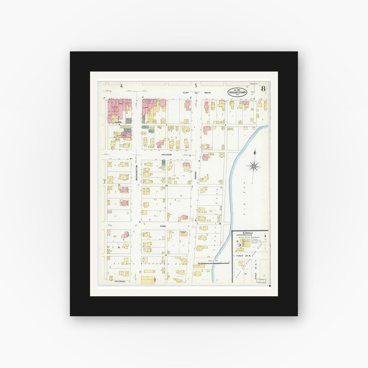 Old map wall art mockup — black gallery frame with white mat — Sanborn Fire Insurance Map from Knightstown, Henry County, Indiana (1909), Sheet #0008
