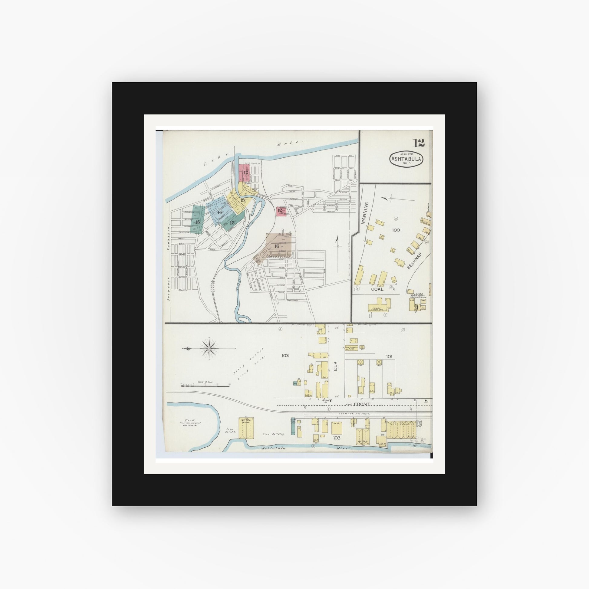 Old map wall art mockup — black gallery frame with white mat — Sanborn Fire Insurance Map from Ashtabula, Ashtabula County, Ohio (1893), Sheet #0012