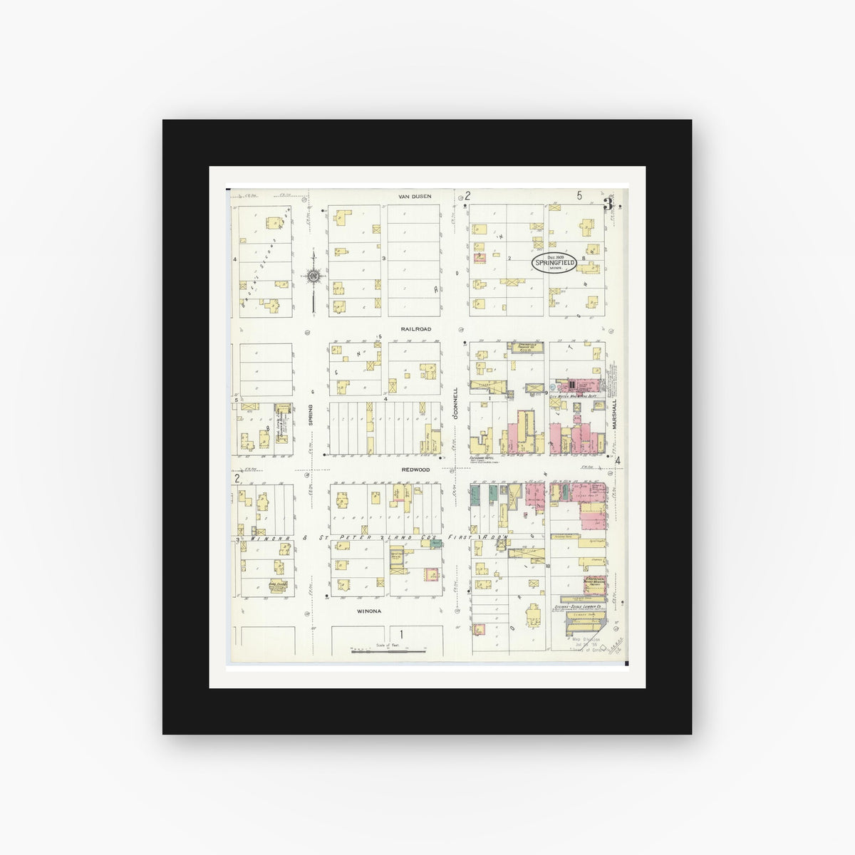 Old map wall art mockup — black gallery frame with white mat — Sanborn Fire Insurance Map from Springfield, Brown County, Minnesota (1909), Sheet #0003
