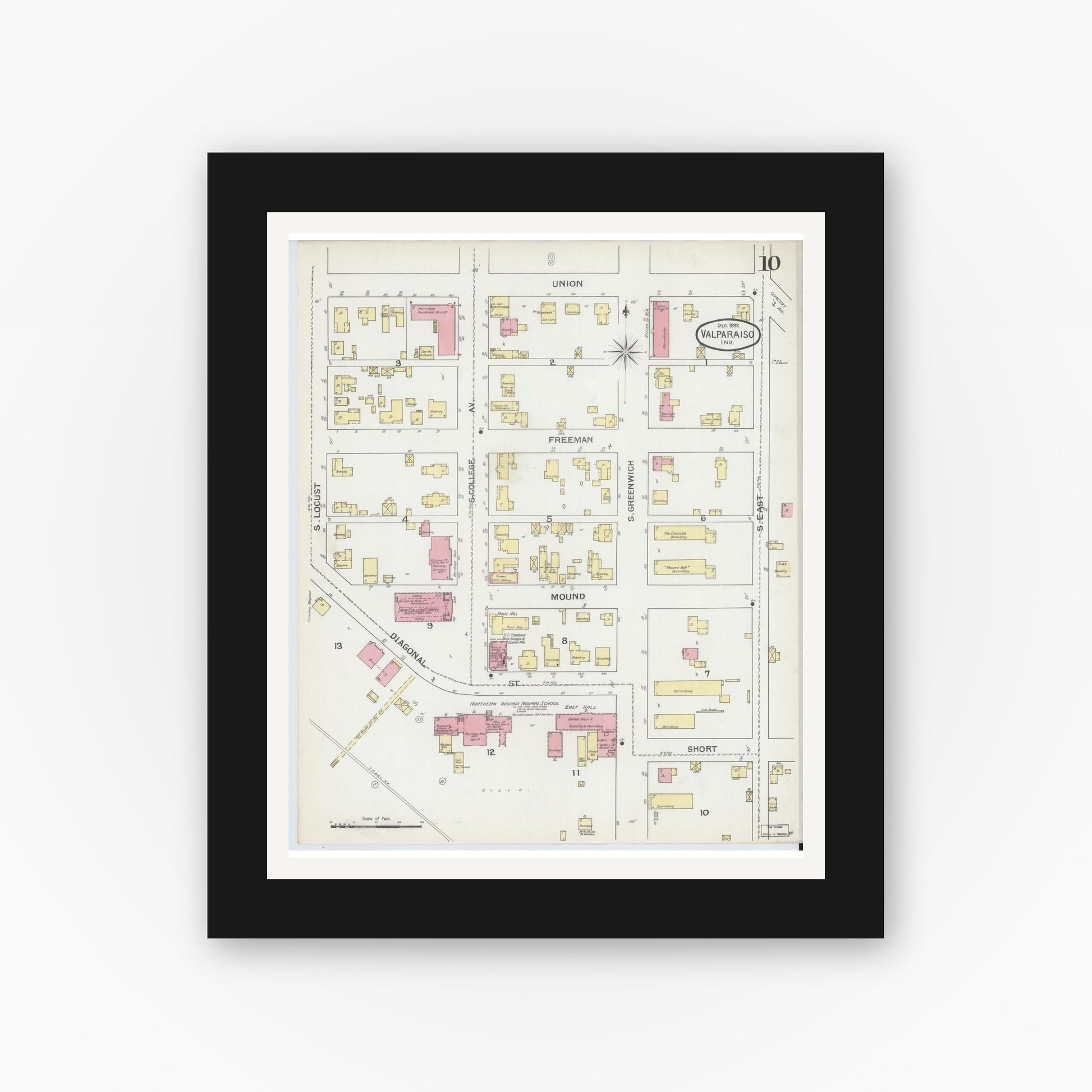 Old map wall art mockup — black gallery frame with white mat — Sanborn Fire Insurance Map from Valparaiso, Porter County, Indiana (1892), Sheet #0010