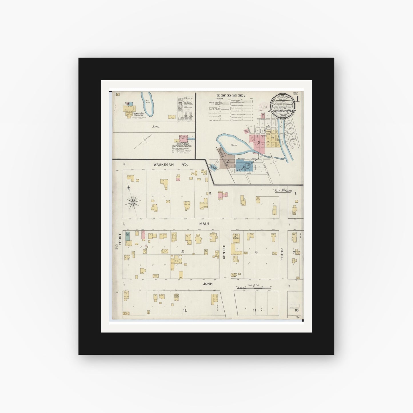 Old map wall art mockup — black gallery frame with white mat — Sanborn Fire Insurance Map from McHenry, McHenry County, Illinois (1893), Sheet #0001