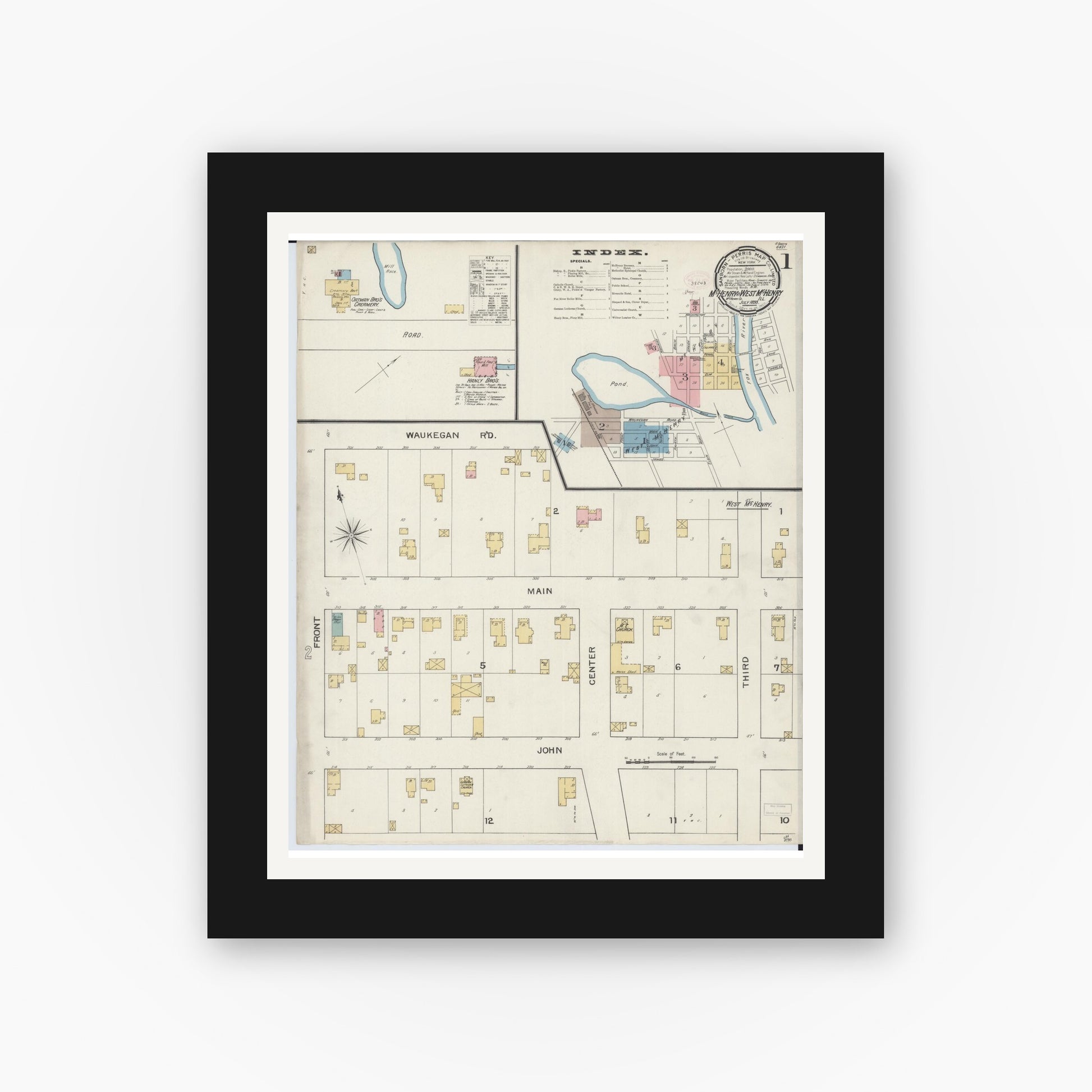 Old map wall art mockup — black gallery frame with white mat — Sanborn Fire Insurance Map from McHenry, McHenry County, Illinois (1893), Sheet #0001