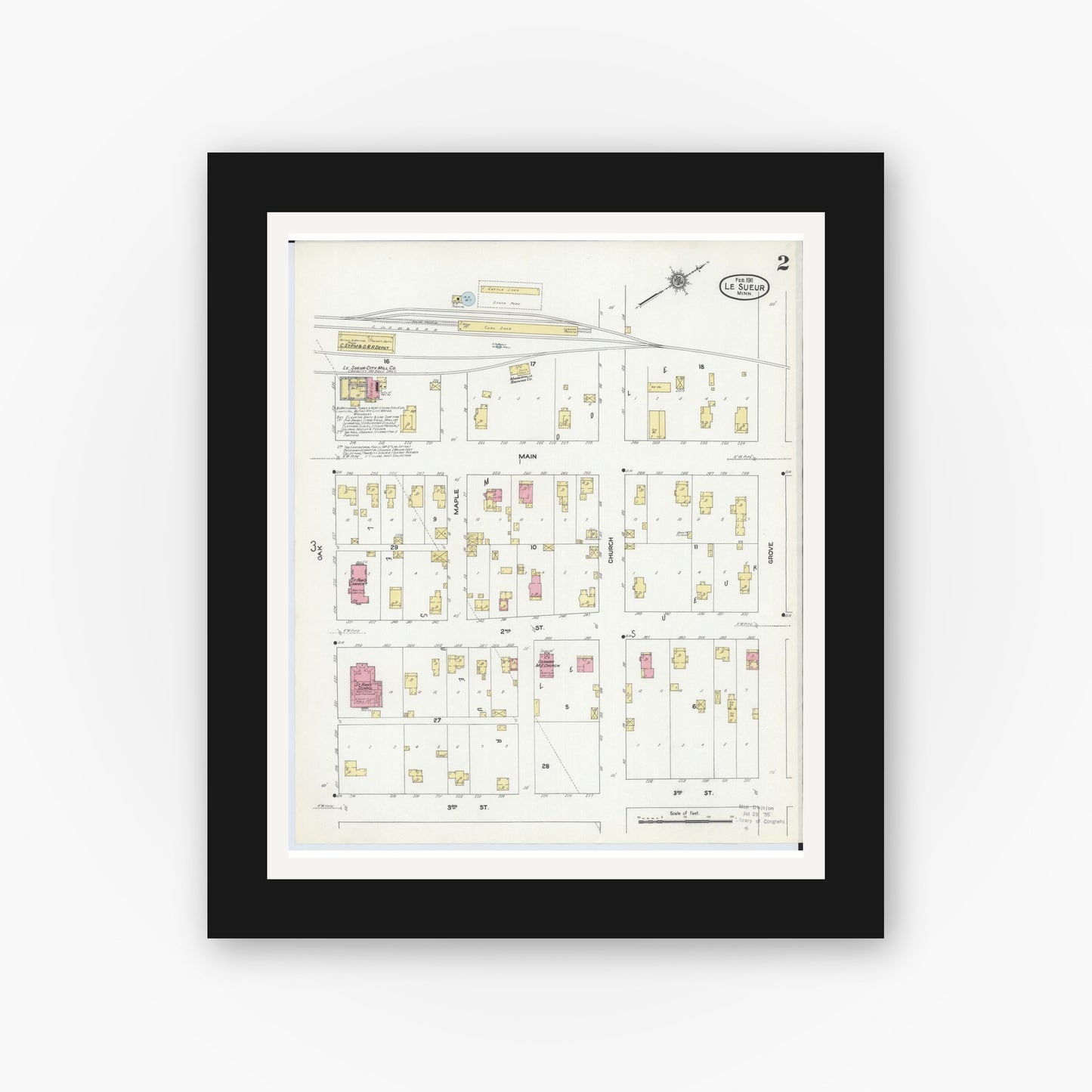 Old map wall art mockup — black gallery frame with white mat — Sanborn Fire Insurance Map from Le Sueur, Le Sueur County, Minnesota (1911), Sheet #0002