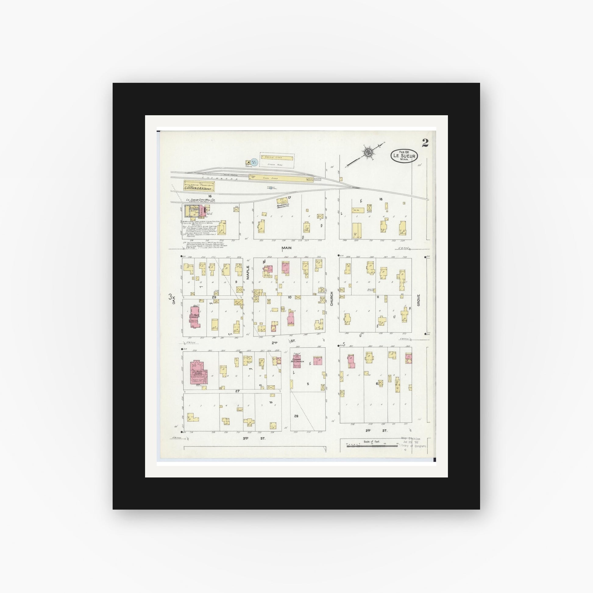 Old map wall art mockup — black gallery frame with white mat — Sanborn Fire Insurance Map from Le Sueur, Le Sueur County, Minnesota (1911), Sheet #0002