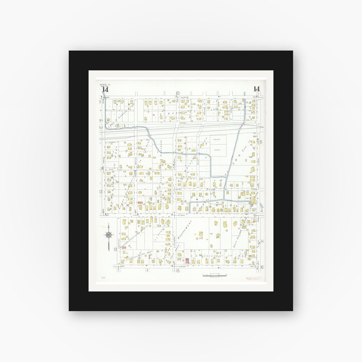 Old map wall art mockup — black gallery frame with white mat — Sanborn Fire Insurance Map from Marion, Williamson County, Illinois (1937), Sheet #0014