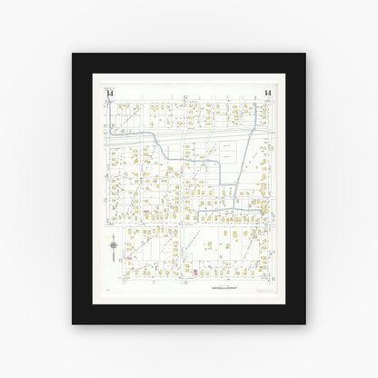 Old map wall art mockup — black gallery frame with white mat — Sanborn Fire Insurance Map from Marion, Williamson County, Illinois (1937), Sheet #0014