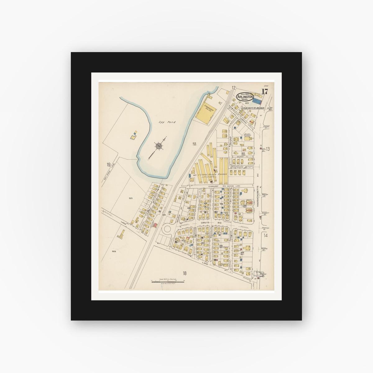 Old map wall art mockup — black gallery frame with white mat — Sanborn Fire Insurance Map from Arlington, Middlesex County, Massachusetts (1922), Sheet #0017