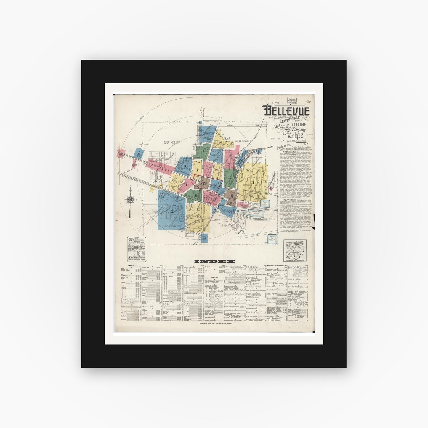 Old map wall art mockup — black gallery frame with white mat — Sanborn Fire Insurance Map from Bellevue, Huron And Sandusky County, Ohio (1922), Sheet #0001