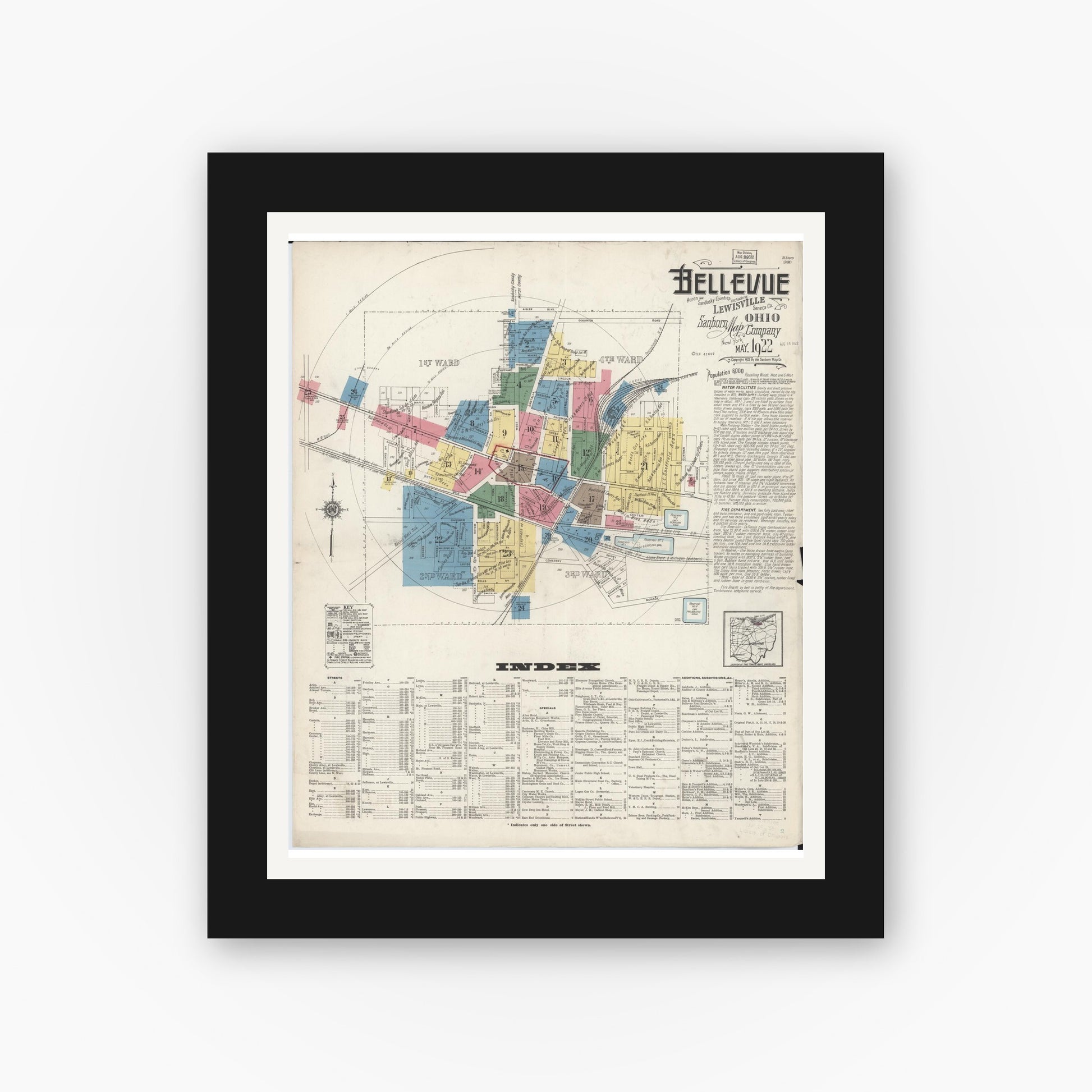 Old map wall art mockup — black gallery frame with white mat — Sanborn Fire Insurance Map from Bellevue, Huron And Sandusky County, Ohio (1922), Sheet #0001