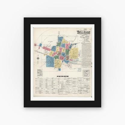 Old map wall art mockup — black gallery frame with white mat — Sanborn Fire Insurance Map from Bellevue, Huron And Sandusky County, Ohio (1922), Sheet #0001