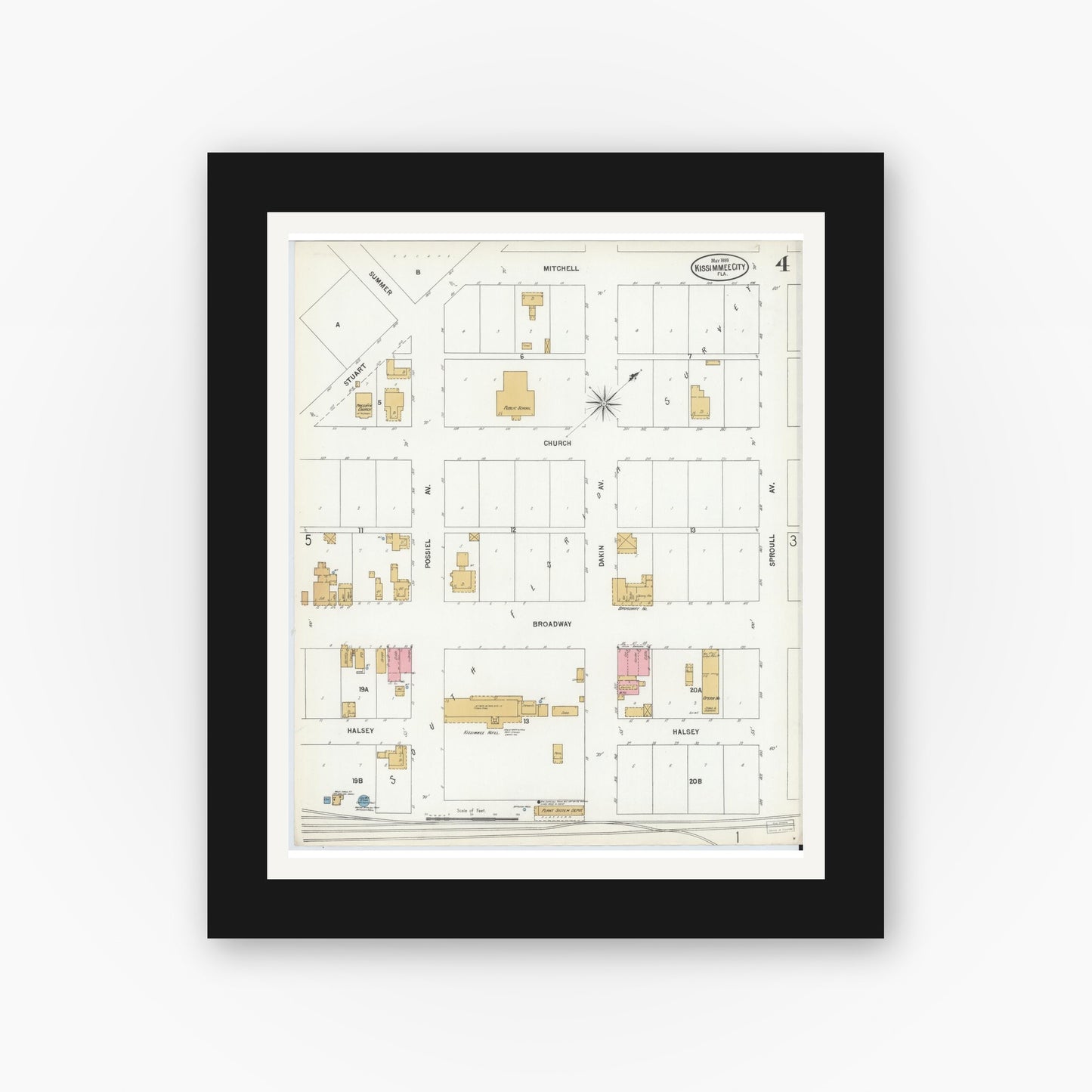 Old map wall art mockup — black gallery frame with white mat — Sanborn Fire Insurance Map from Kissimmee, Osceola County, Florida (1899), Sheet #0004