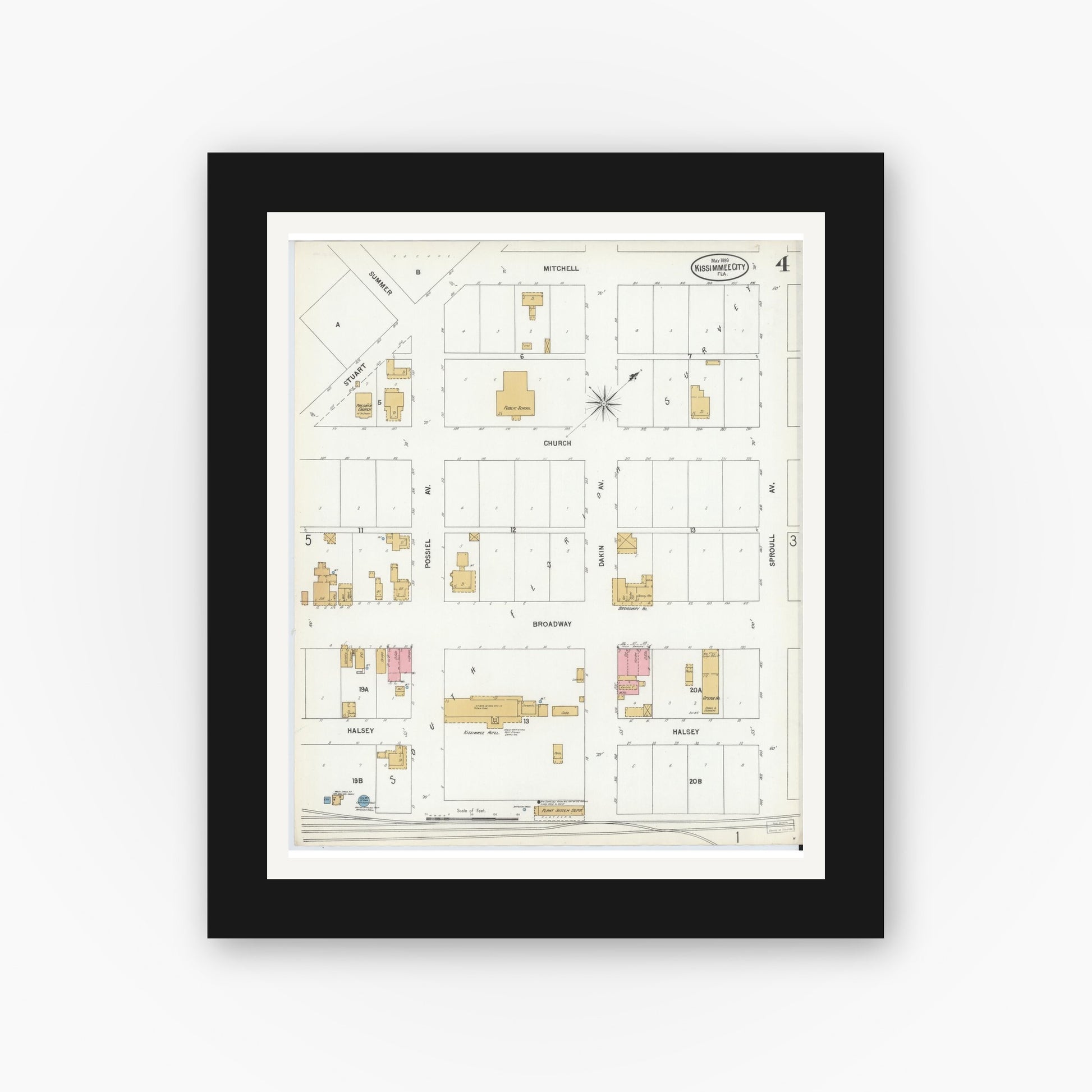 Old map wall art mockup — black gallery frame with white mat — Sanborn Fire Insurance Map from Kissimmee, Osceola County, Florida (1899), Sheet #0004