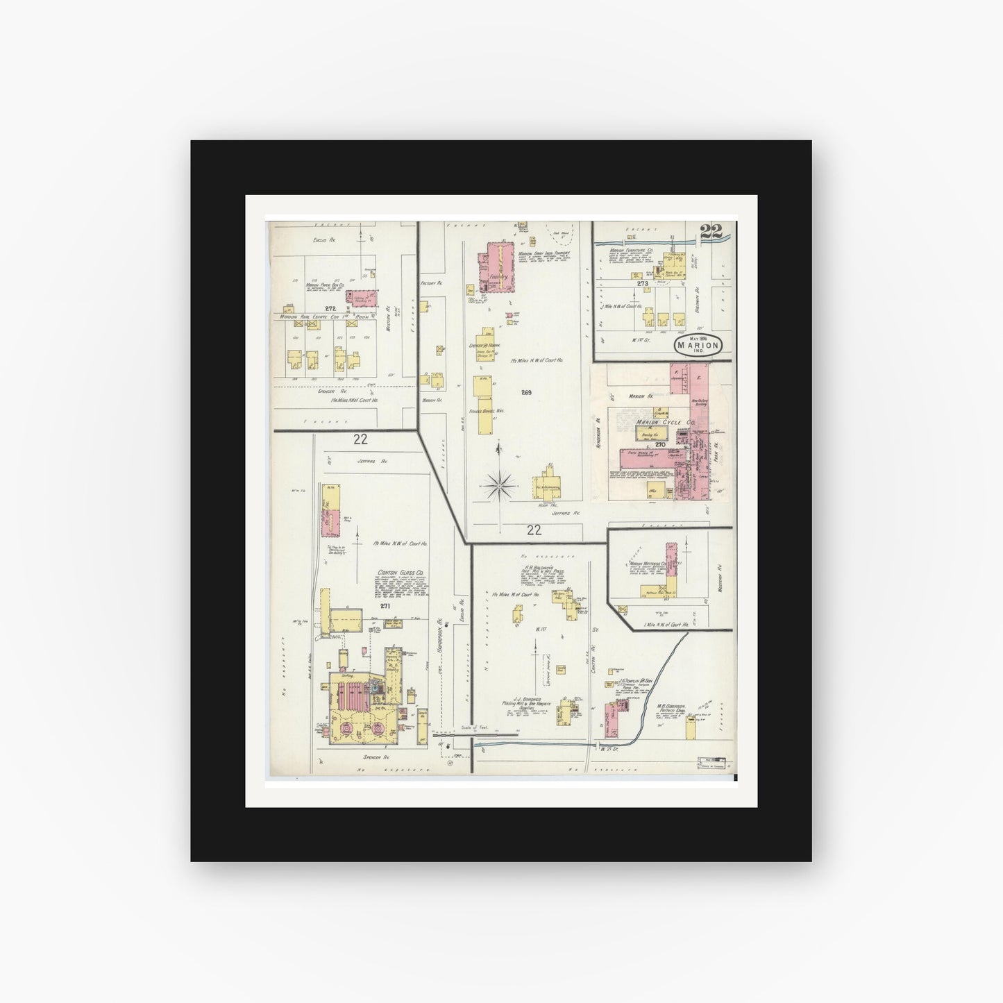 Old map wall art mockup — black gallery frame with white mat — Sanborn Fire Insurance Map from Marion, Grant County, Indiana (1896), Sheet #0022