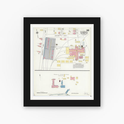 Old map wall art mockup — black gallery frame with white mat — Sanborn Fire Insurance Map from Chambersburg, Franklin County, Pennsylvania (1916), Sheet #0020