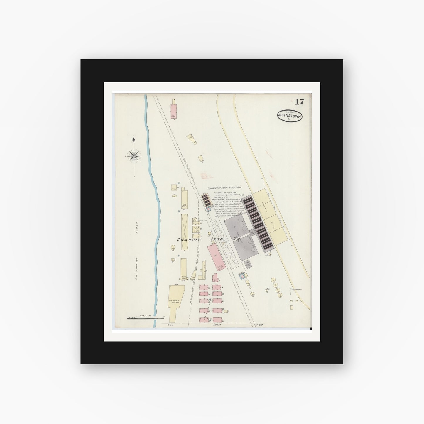 Old map wall art mockup — black gallery frame with white mat — Sanborn Fire Insurance Map from Johnstown, Cambria County, Pennsylvania (1891), Sheet #0017