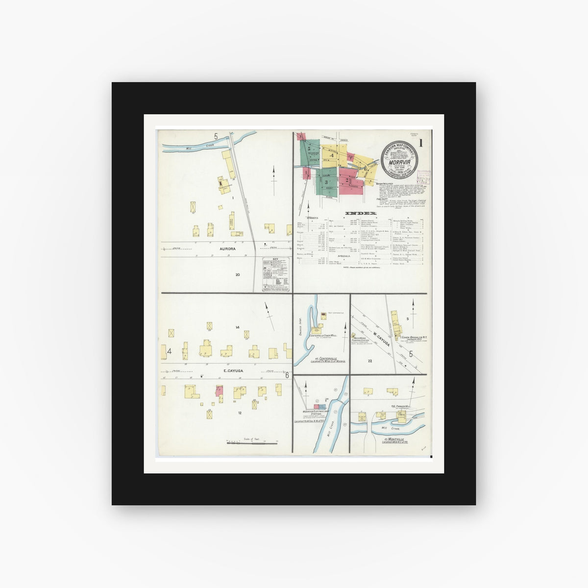 Old map wall art mockup — black gallery frame with white mat — Sanborn Fire Insurance Map from Moravia, Cayuga County, New York (1908) - Complete Map Set