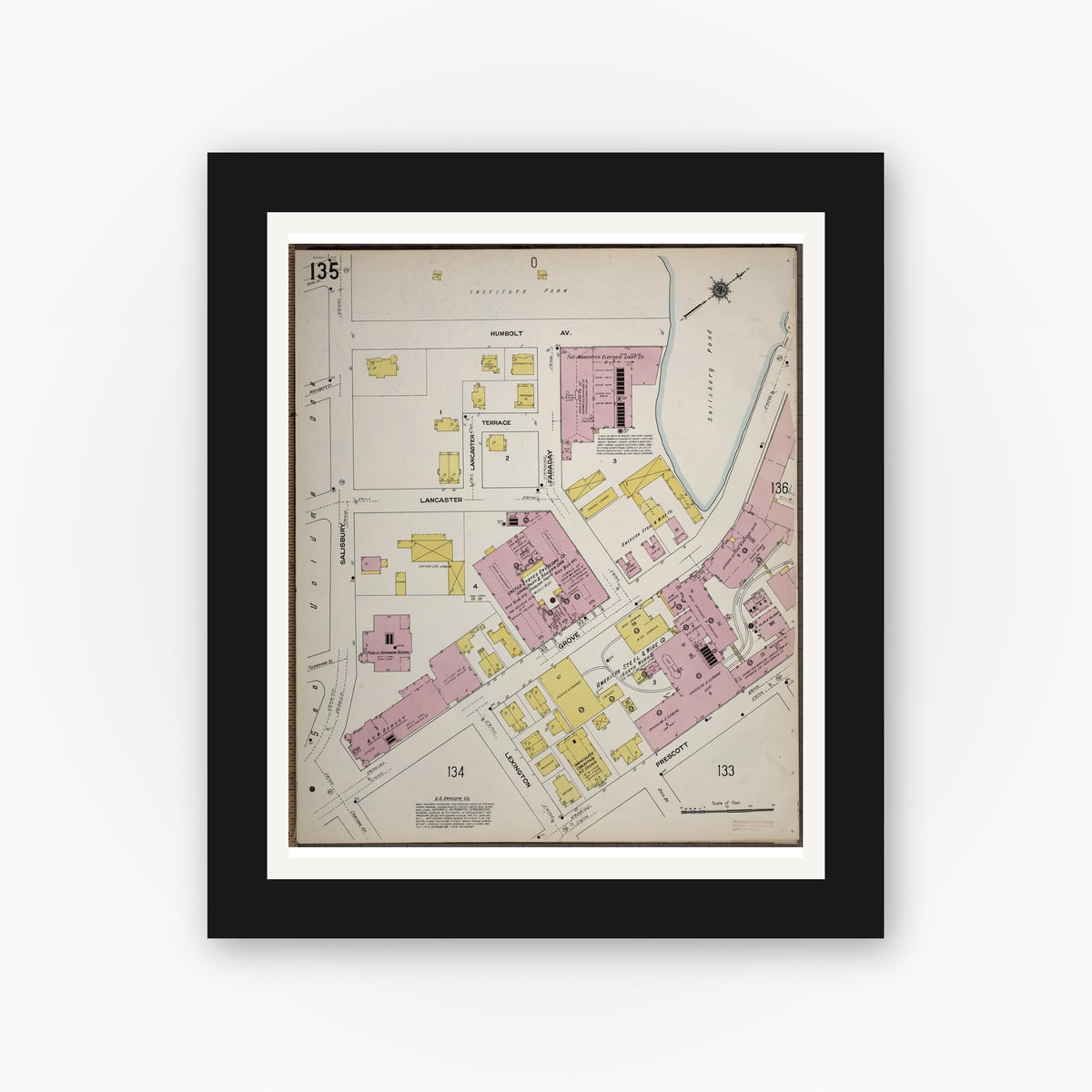 Old map wall art mockup — black gallery frame with white mat — Sanborn Fire Insurance Map from Worcester, Worcester County, Massachusetts (1910), Sheet #0135
