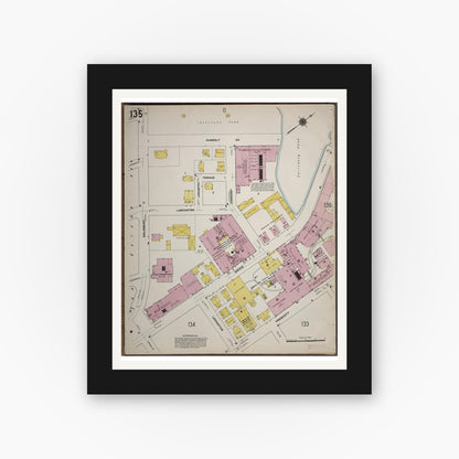 Old map wall art mockup — black gallery frame with white mat — Sanborn Fire Insurance Map from Worcester, Worcester County, Massachusetts (1910), Sheet #0135