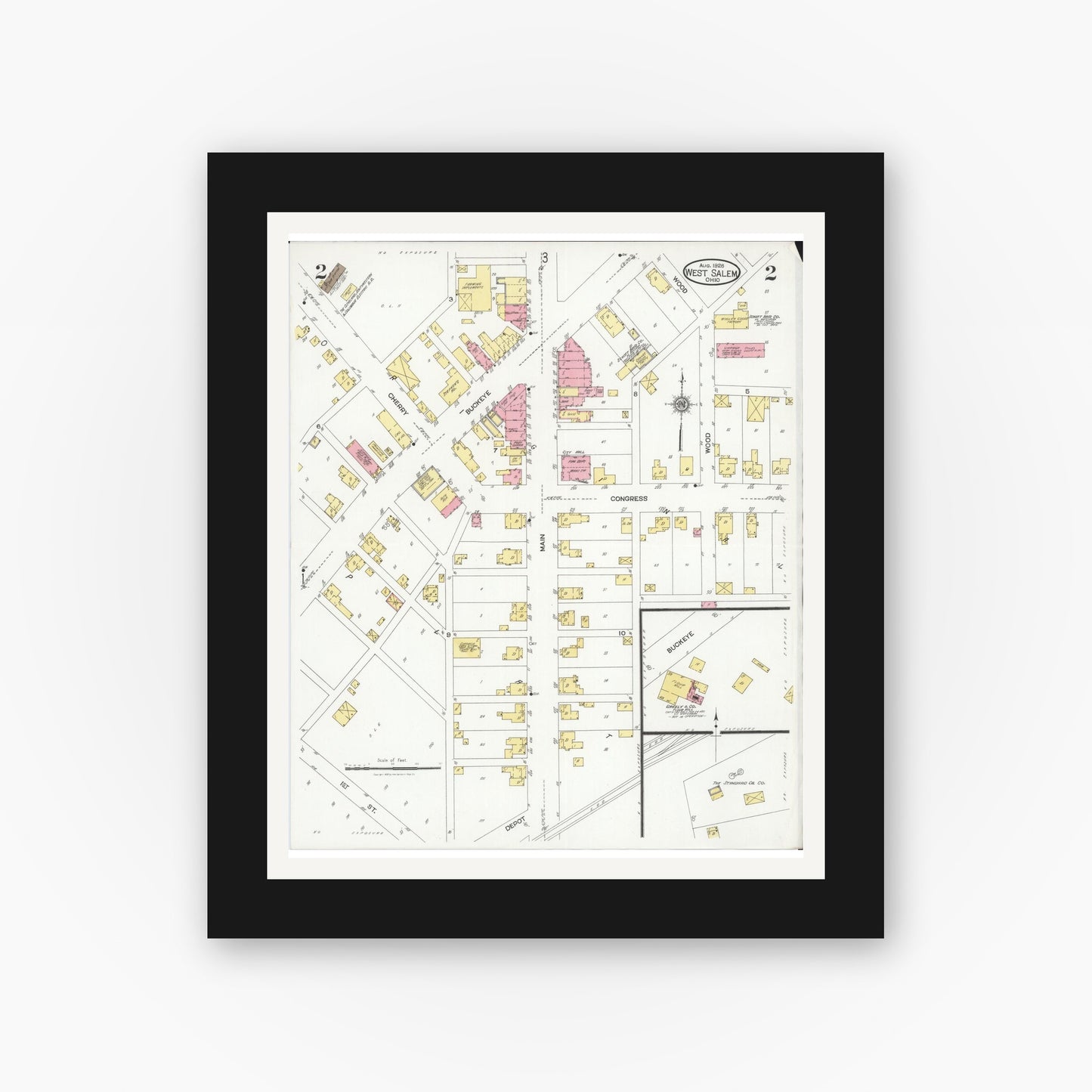 Old map wall art mockup — black gallery frame with white mat — Sanborn Fire Insurance Map from West Salem, Wayne County, Ohio (1926), Sheet #0002