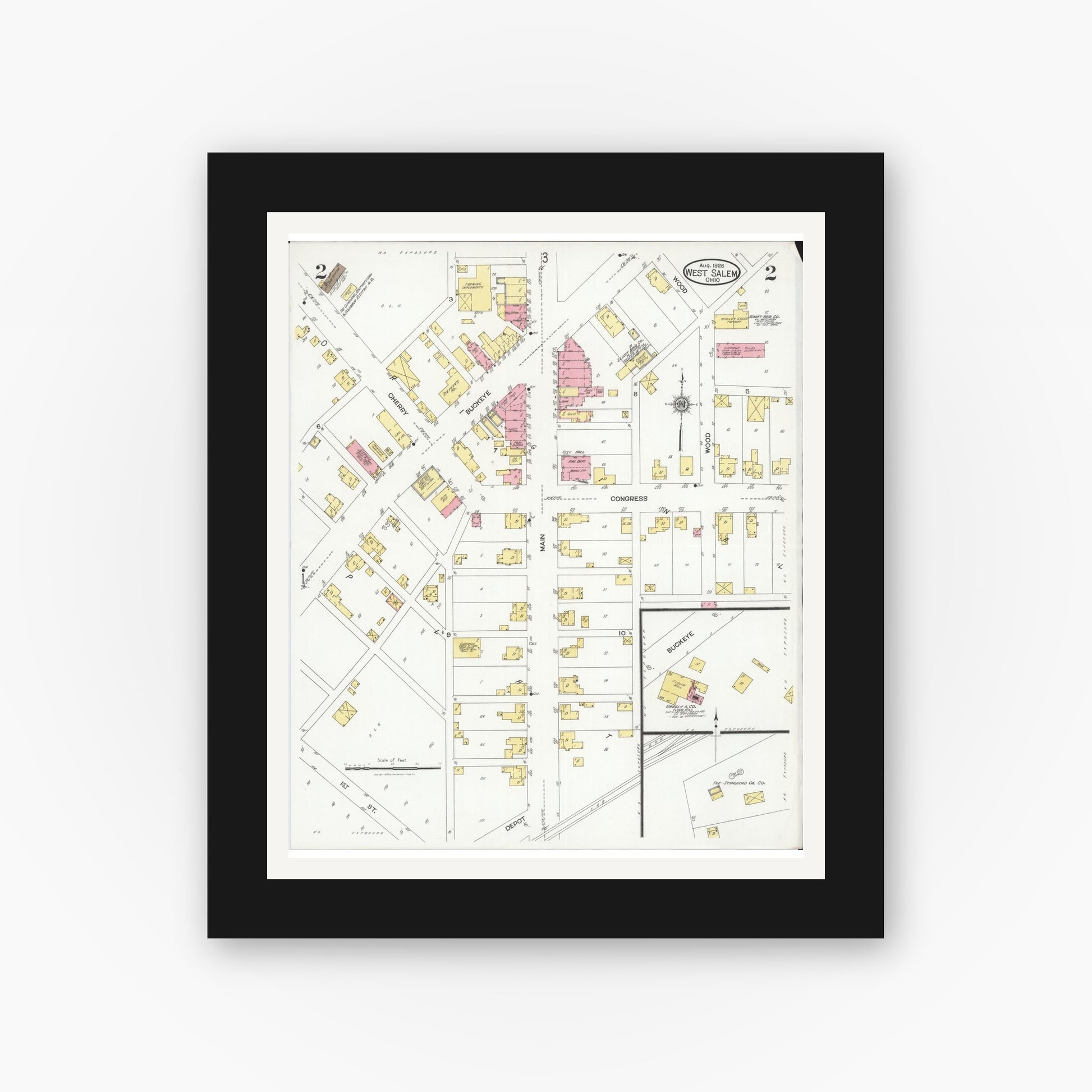 Old map wall art mockup — black gallery frame with white mat — Sanborn Fire Insurance Map from West Salem, Wayne County, Ohio (1926), Sheet #0002