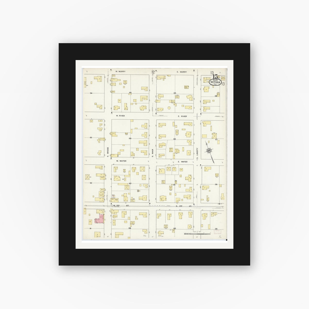 Old map wall art mockup — black gallery frame with white mat — Sanborn Fire Insurance Map from Victoria, Victoria County, Texas (1912), Sheet #0015