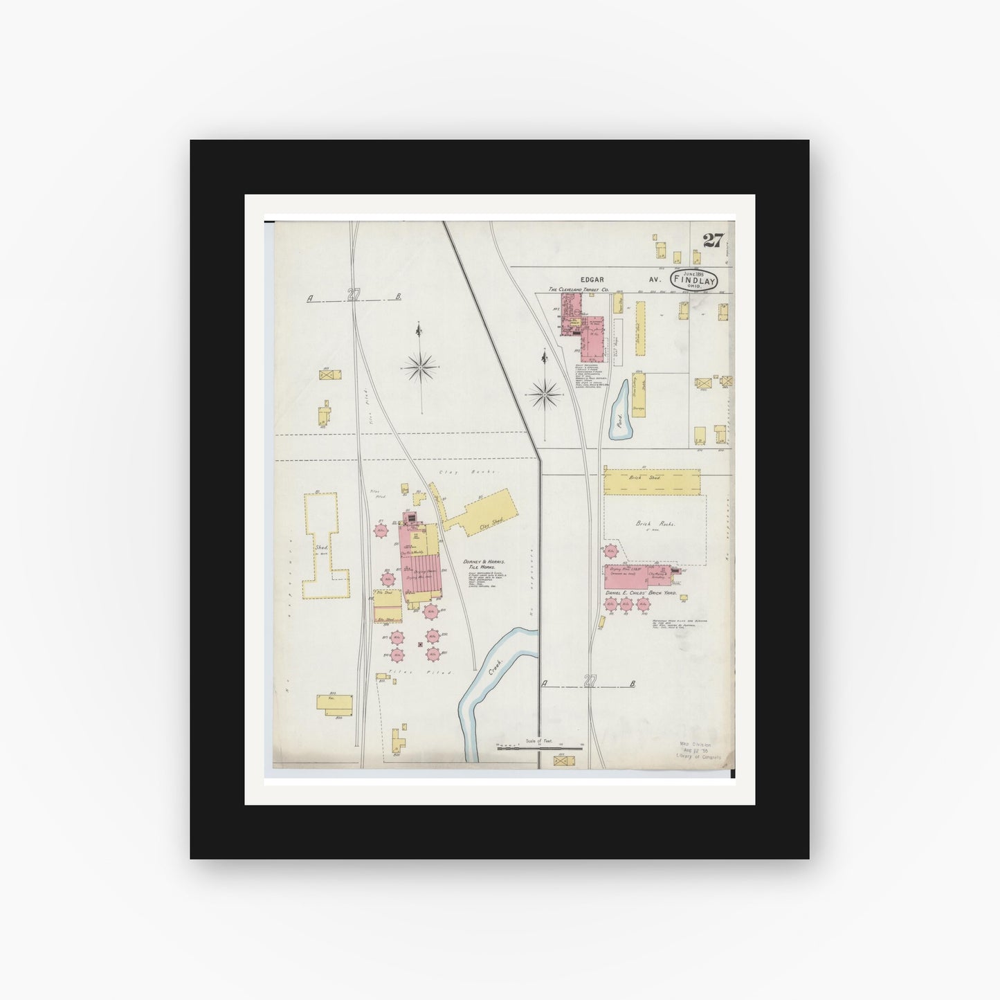 Old map wall art mockup — black gallery frame with white mat — Sanborn Fire Insurance Map from Findlay, Hancock County, Ohio (1895), Sheet #0027