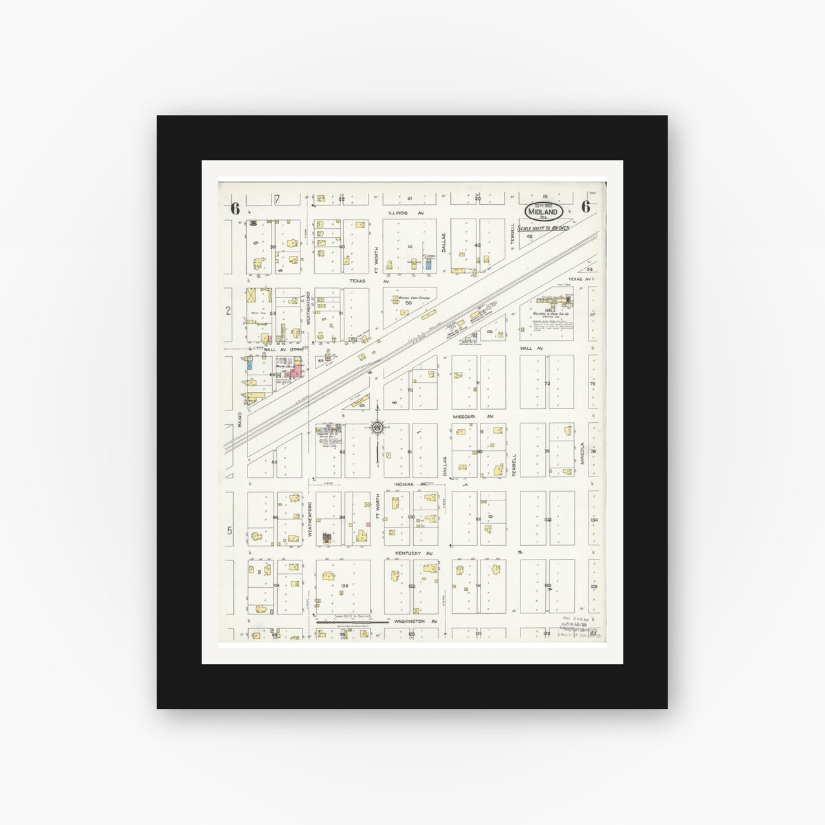 Old map wall art mockup — black gallery frame with white mat — Sanborn Fire Insurance Map from Midland, Midland County, Texas (1925), Sheet #0006