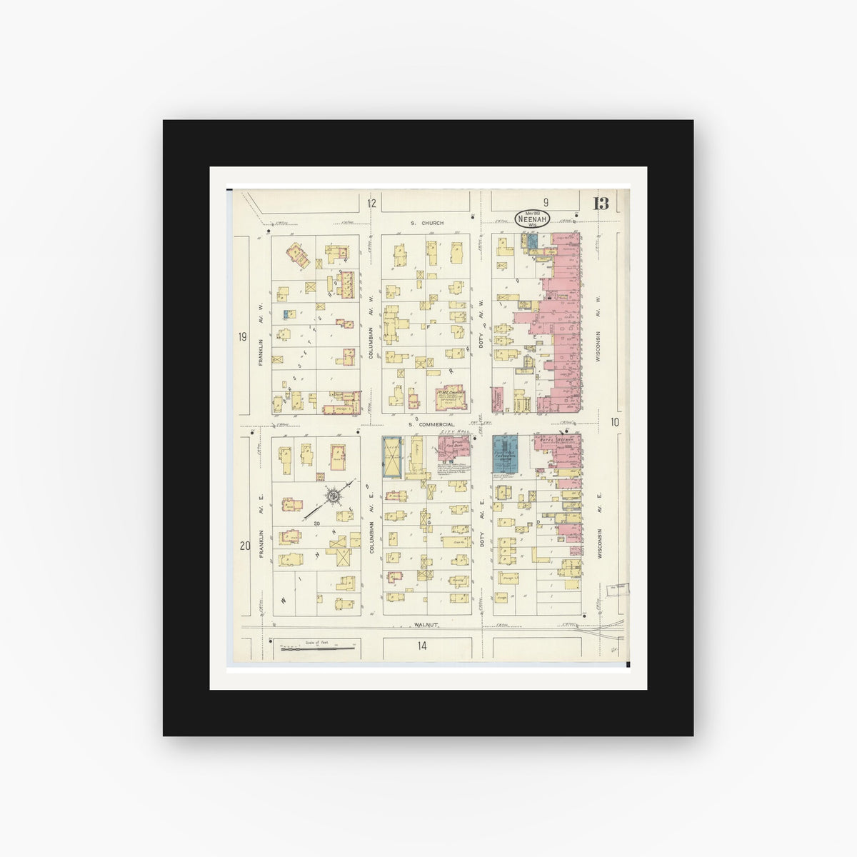Old map wall art mockup — black gallery frame with white mat — Sanborn Fire Insurance Map from Neenah, Winnebago County, Wisconsin (1913), Sheet #0013