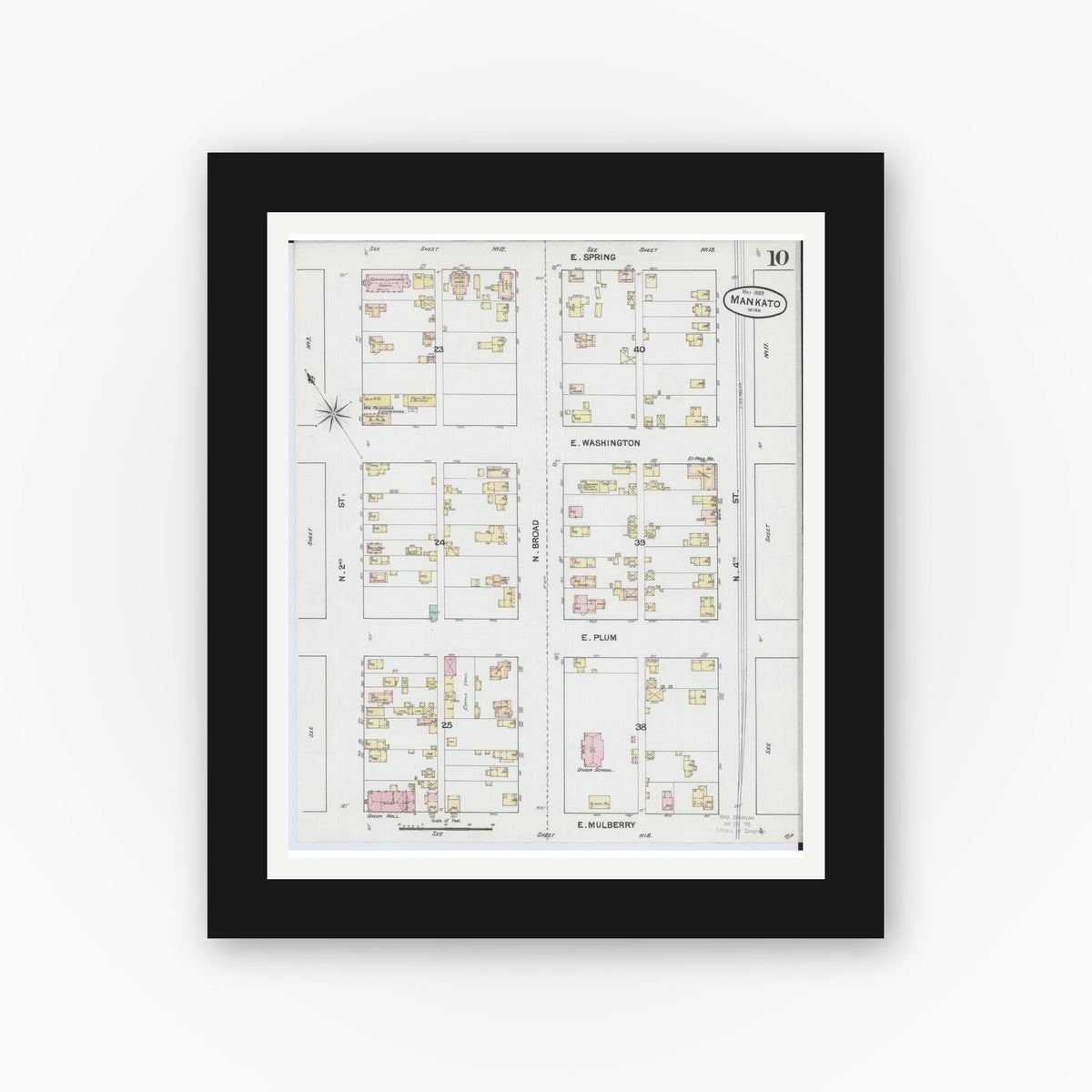 Old map wall art mockup — black gallery frame with white mat — Sanborn Fire Insurance Map from Mankato, Blue Earth County, Minnesota (1889), Sheet #0010