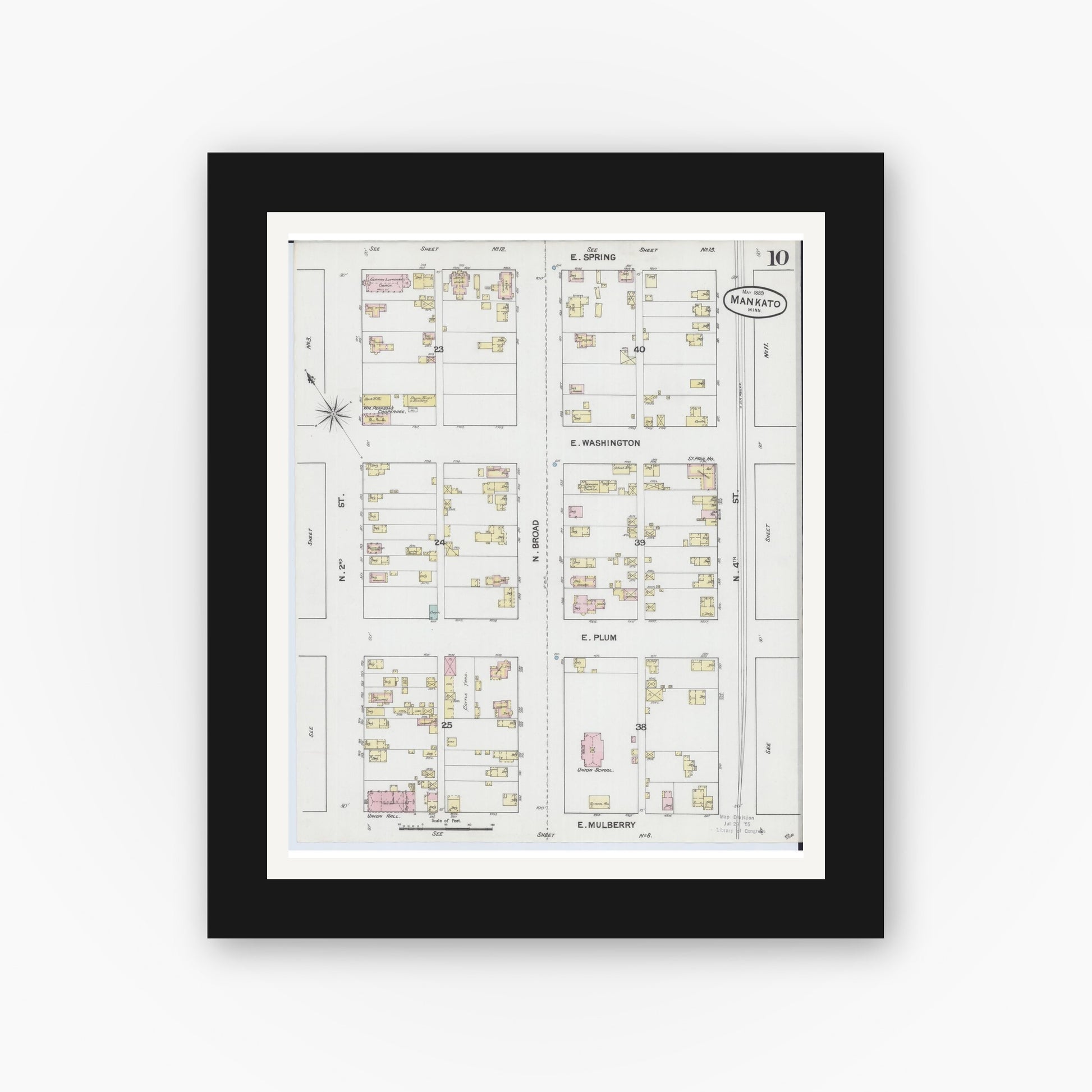 Old map wall art mockup — black gallery frame with white mat — Sanborn Fire Insurance Map from Mankato, Blue Earth County, Minnesota (1889), Sheet #0010