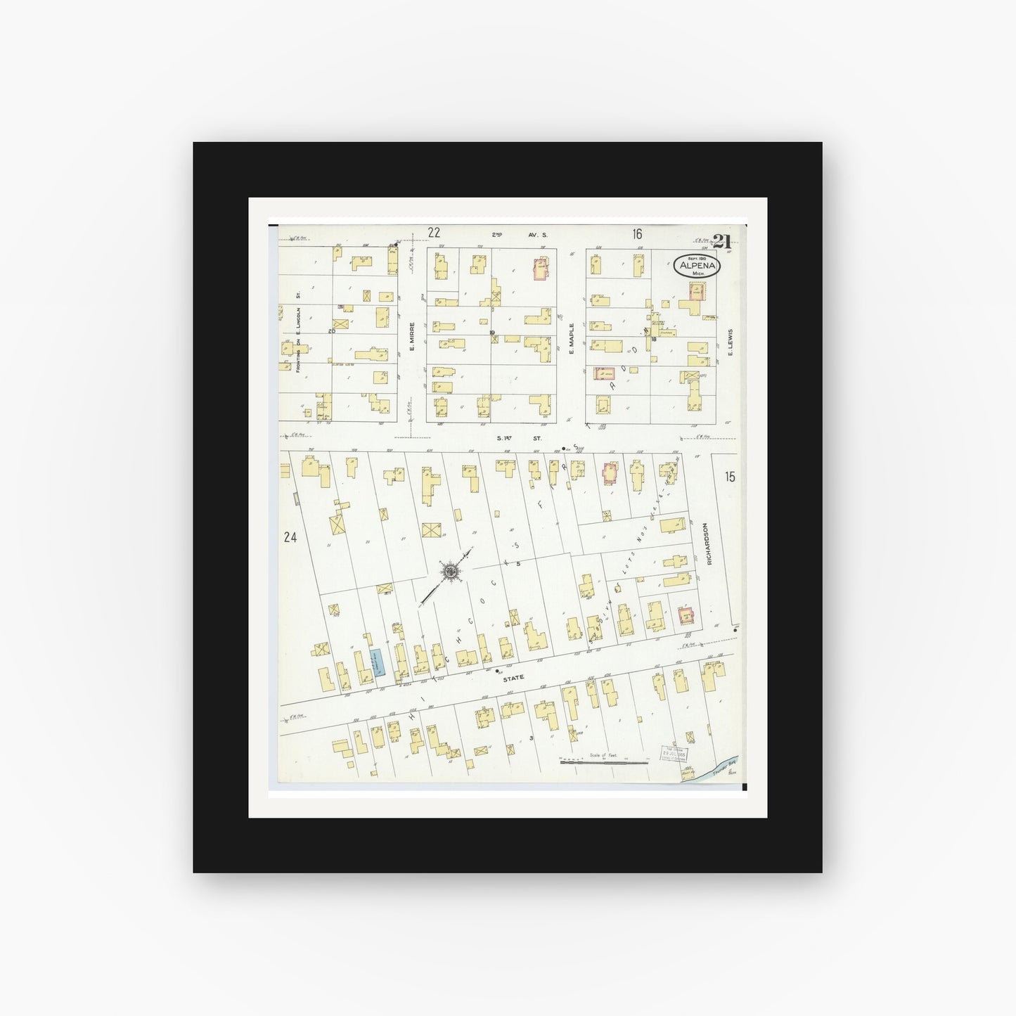 Old map wall art mockup — black gallery frame with white mat — Sanborn Fire Insurance Map from Alpena, Alpena County, Michigan (1910), Sheet #0021