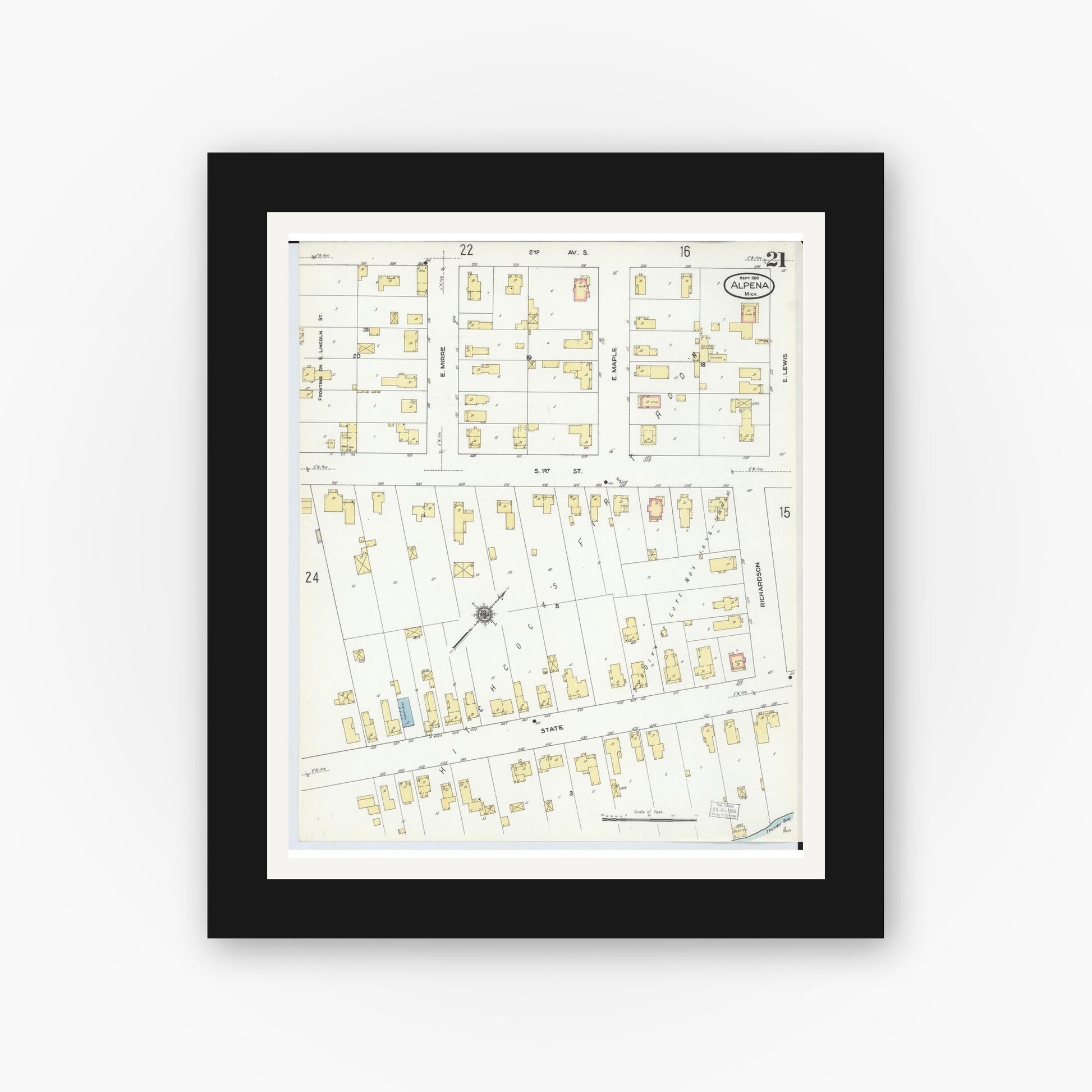 Old map wall art mockup — black gallery frame with white mat — Sanborn Fire Insurance Map from Alpena, Alpena County, Michigan (1910), Sheet #0021