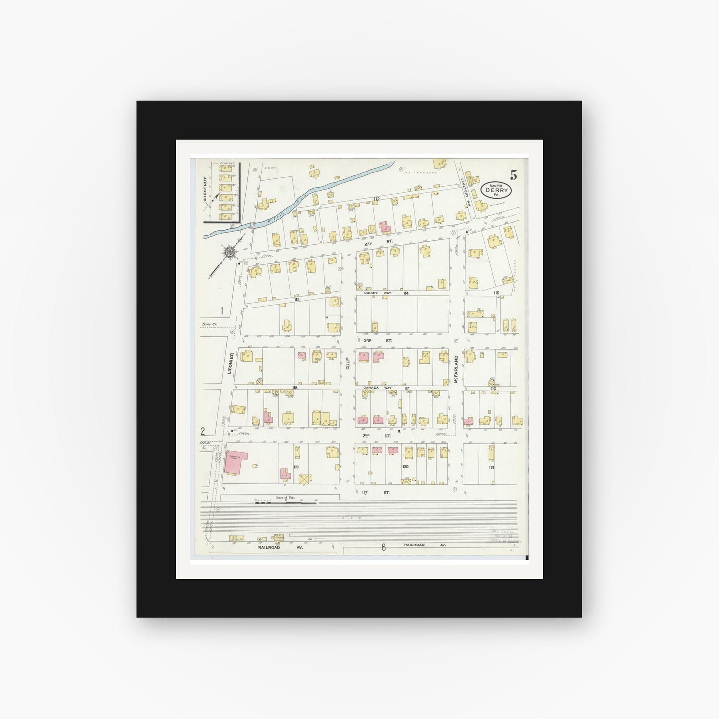 Old map wall art mockup — black gallery frame with white mat — Sanborn Fire Insurance Map from Derry, Westmoreland County, Pennsylvania (1911), Sheet #0005