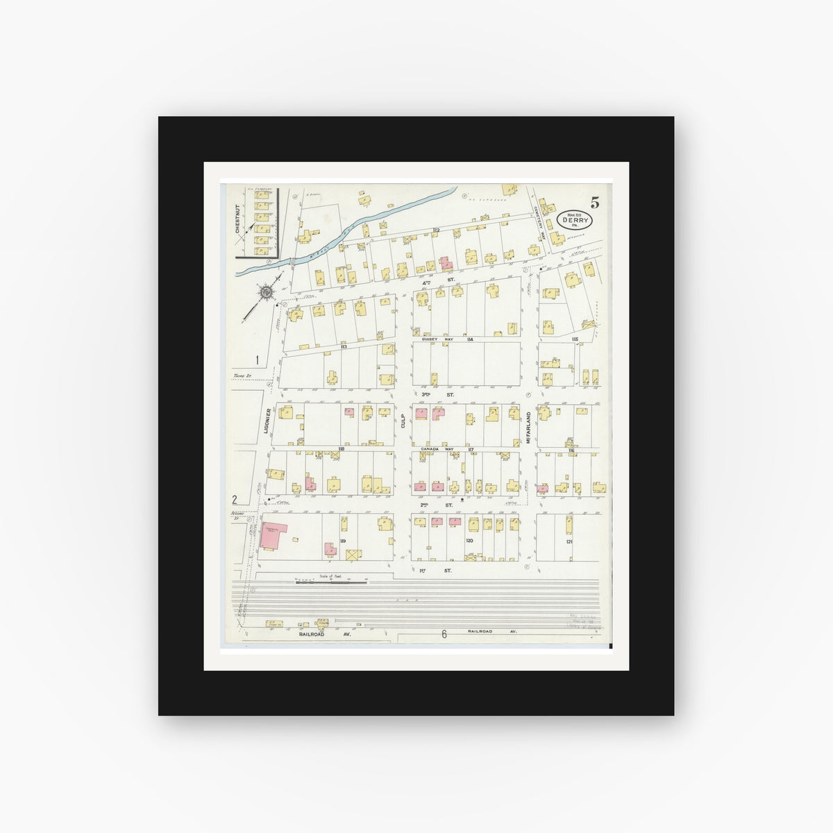 Old map wall art mockup — black gallery frame with white mat — Sanborn Fire Insurance Map from Derry, Westmoreland County, Pennsylvania (1911), Sheet #0005