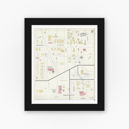 Old map wall art mockup — black gallery frame with white mat — Sanborn Fire Insurance Map from Kokomo, Howard County, Indiana (1896), Sheet #0017
