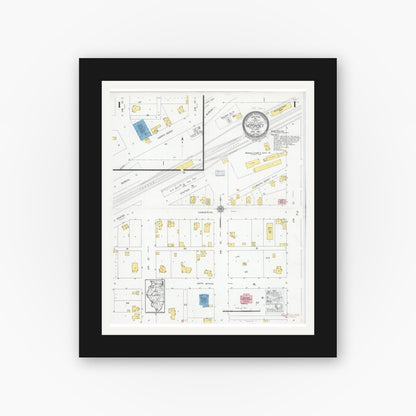 Old map wall art mockup — black gallery frame with white mat — Sanborn Fire Insurance Map from Neponset, Bureau County, Illinois (1928), Sheet #0001