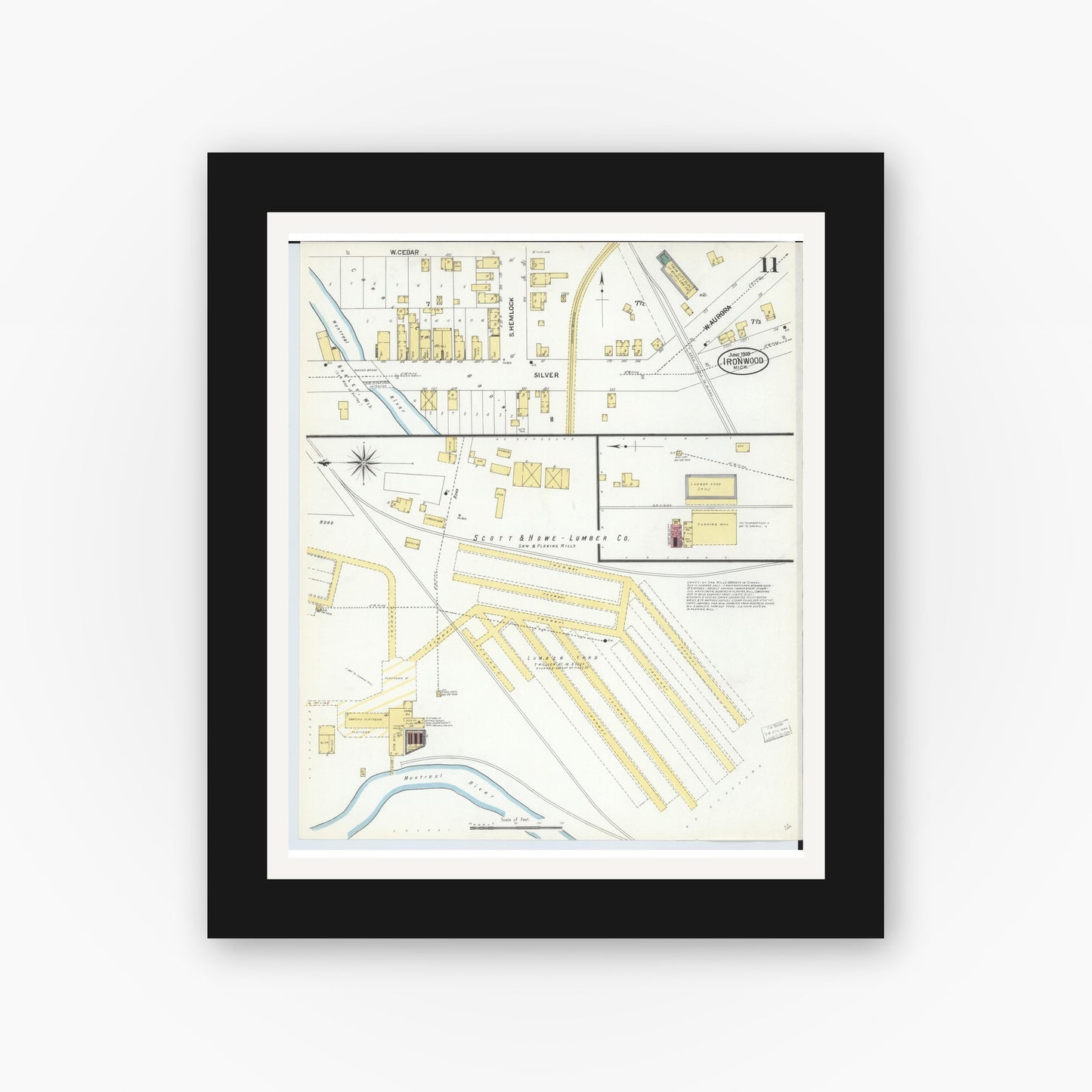 Old map wall art mockup — black gallery frame with white mat — Sanborn Fire Insurance Map from Ironwood, Gogebic County, Michigan (1908), Sheet #0011