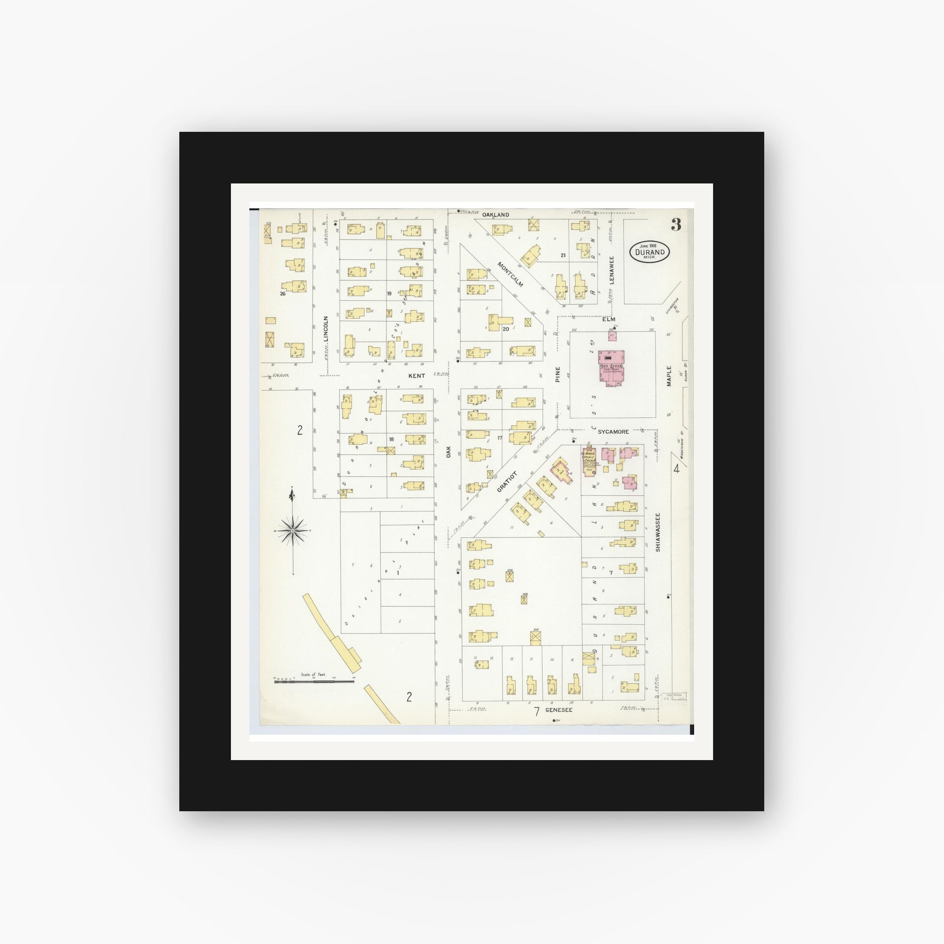 Old map wall art mockup — black gallery frame with white mat — Sanborn Fire Insurance Map from Durand, Shiawassee County, Michigan (1908), Sheet #0003