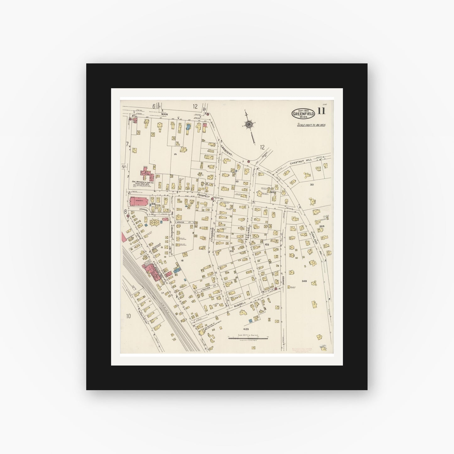 Old map wall art mockup — black gallery frame with white mat — Sanborn Fire Insurance Map from Greenfield, Franklin County, Massachusetts (1922), Sheet #0011