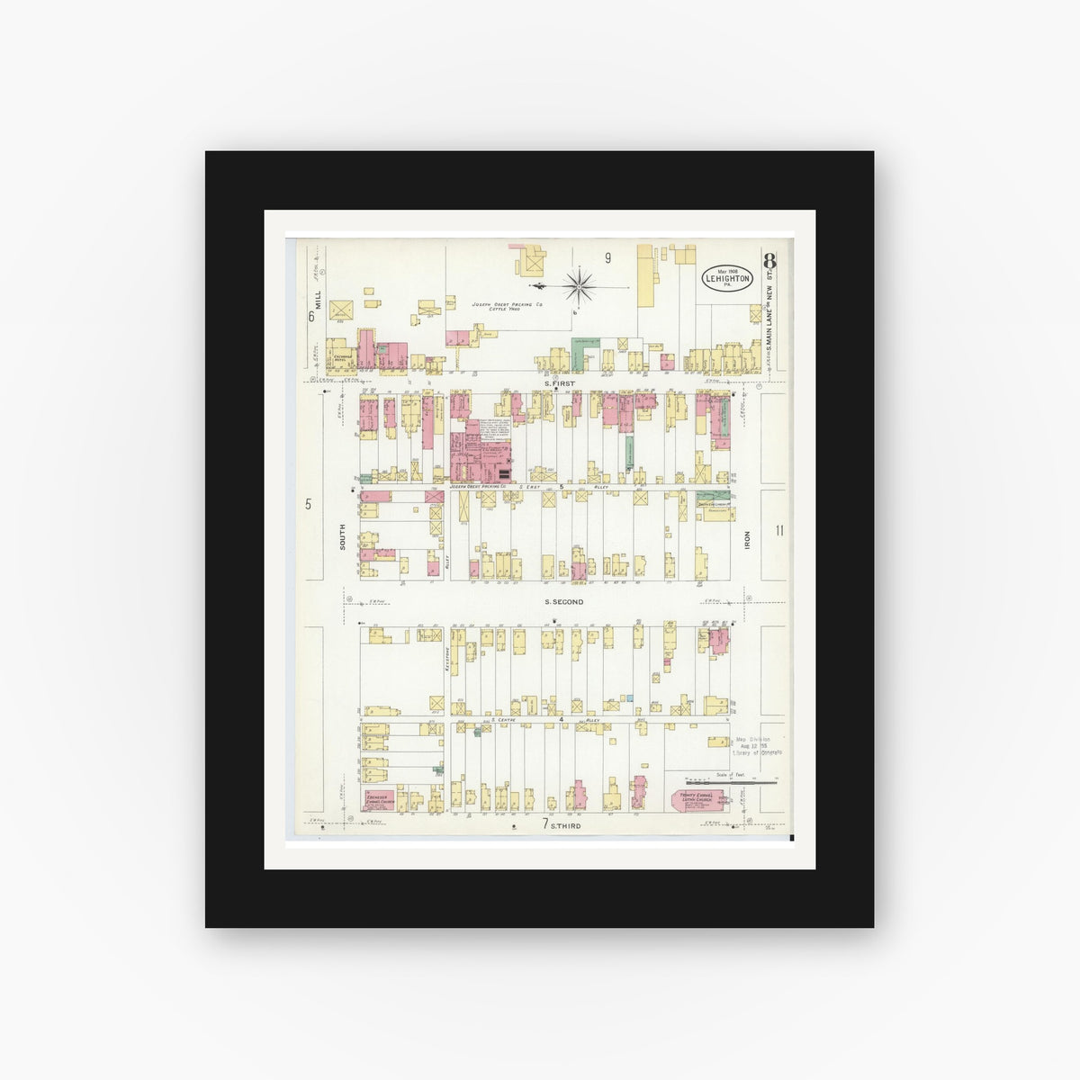 Old map wall art mockup — black gallery frame with white mat — Sanborn Fire Insurance Map from Lehighton, Carbon County, Pennsylvania (1908), Sheet #0008